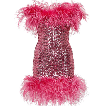 Rose Red Short Sequin & Feather Trim Dress