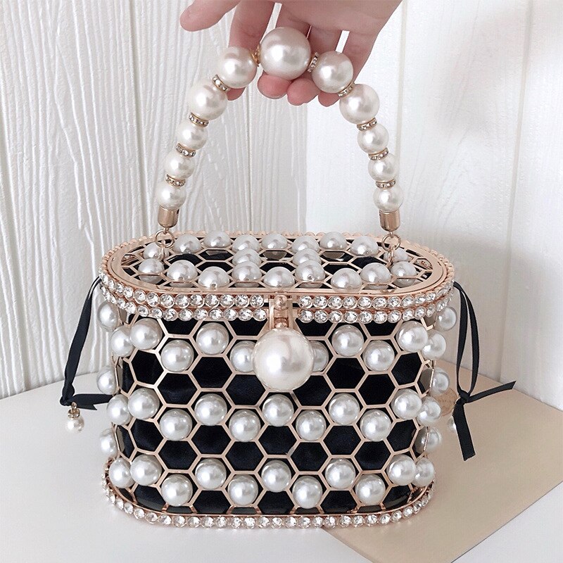 Luxury Pearl Rhinestone Metal Cage Basket Shoulder Bag
