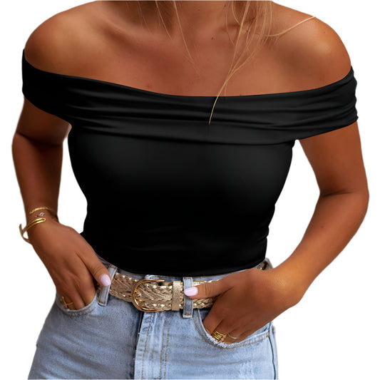 Black Folded Off Shoulder Slim Top