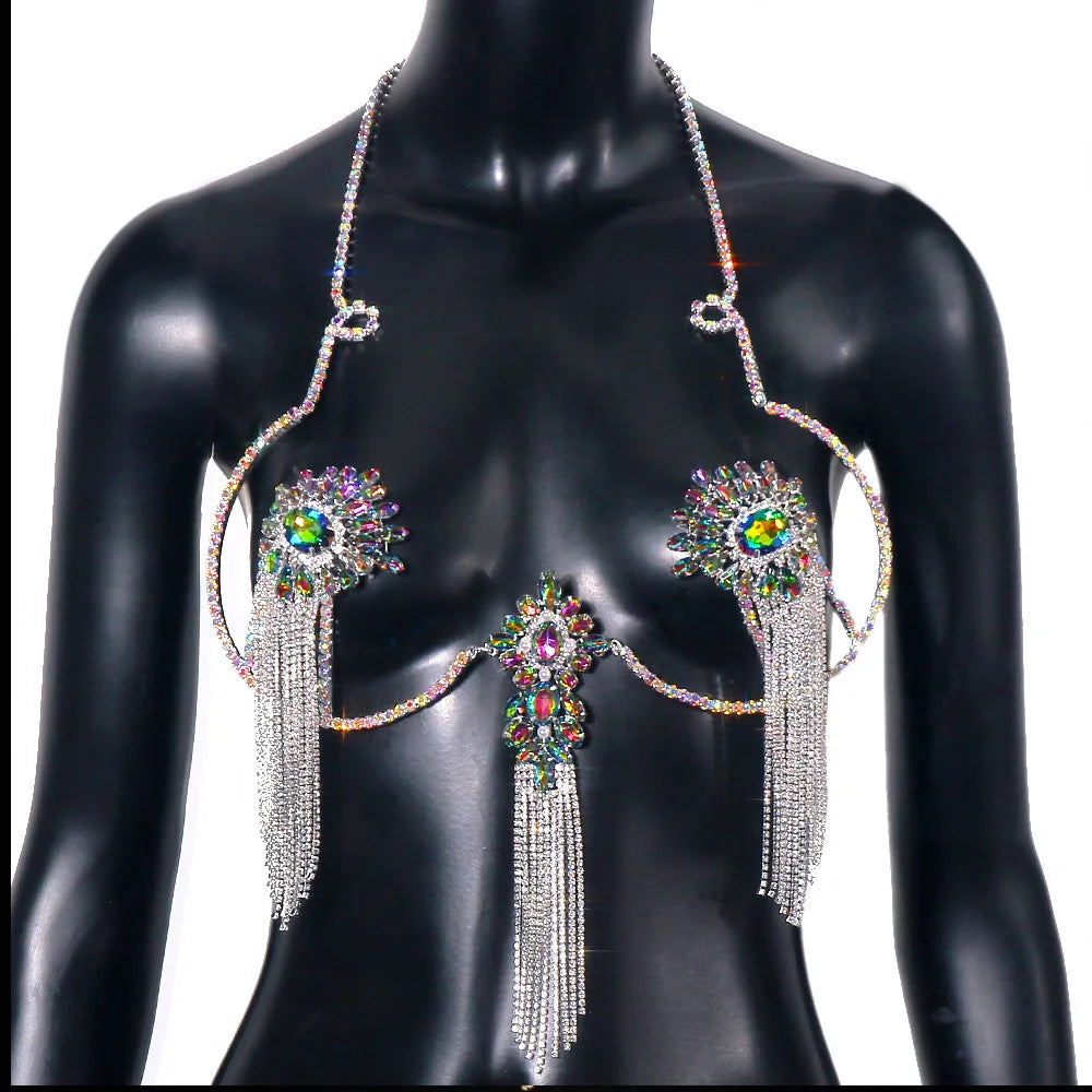 Sexy Tassel Color Crystal Chest Chain Necklace Women Bikini Accessories Sparkling Rhinestone Bra Body Chain Beach Charm Lingerie