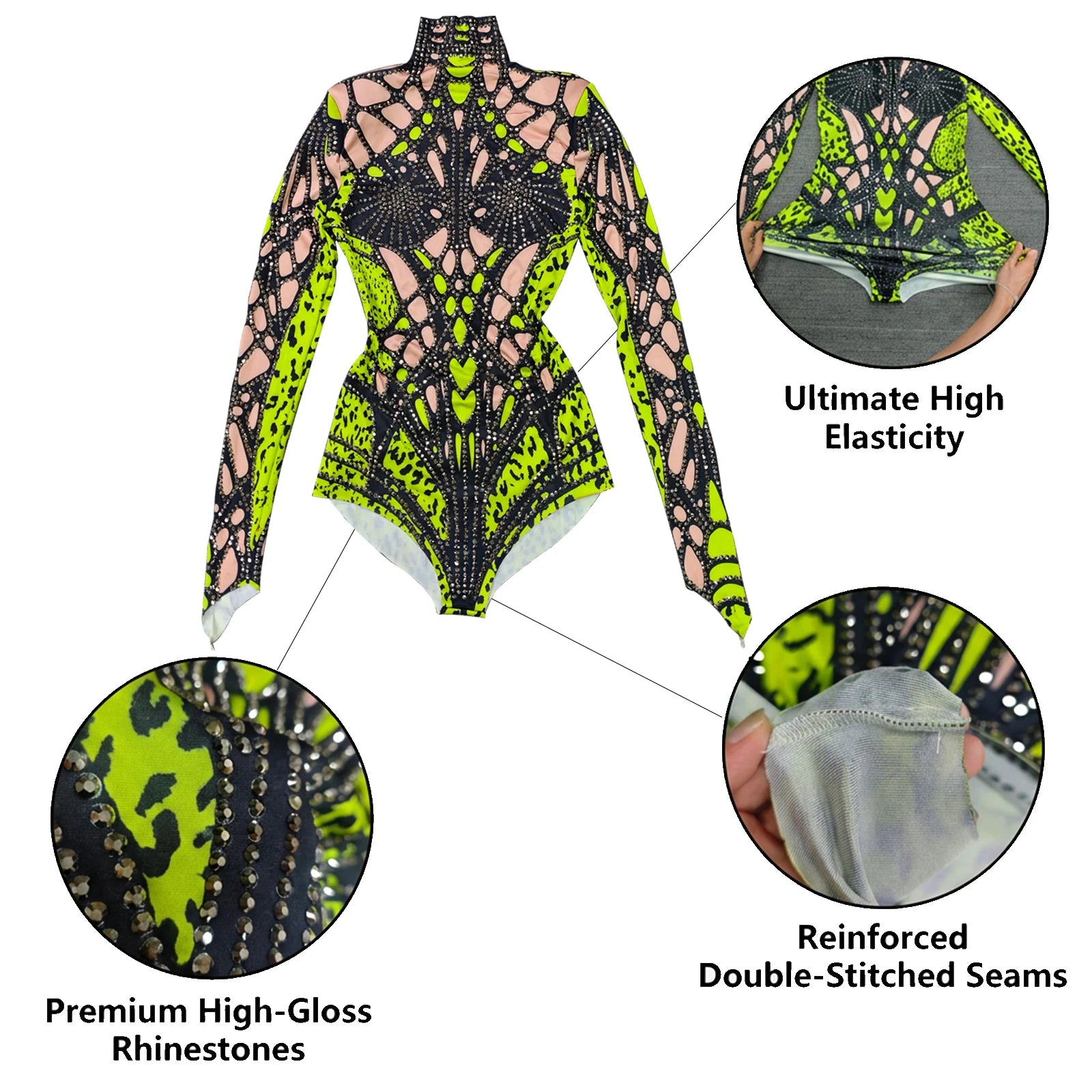 Futuristic Cyber Armor Rhinestone Bodysuit Mock Neck Sleeveless Stage Dance Costume