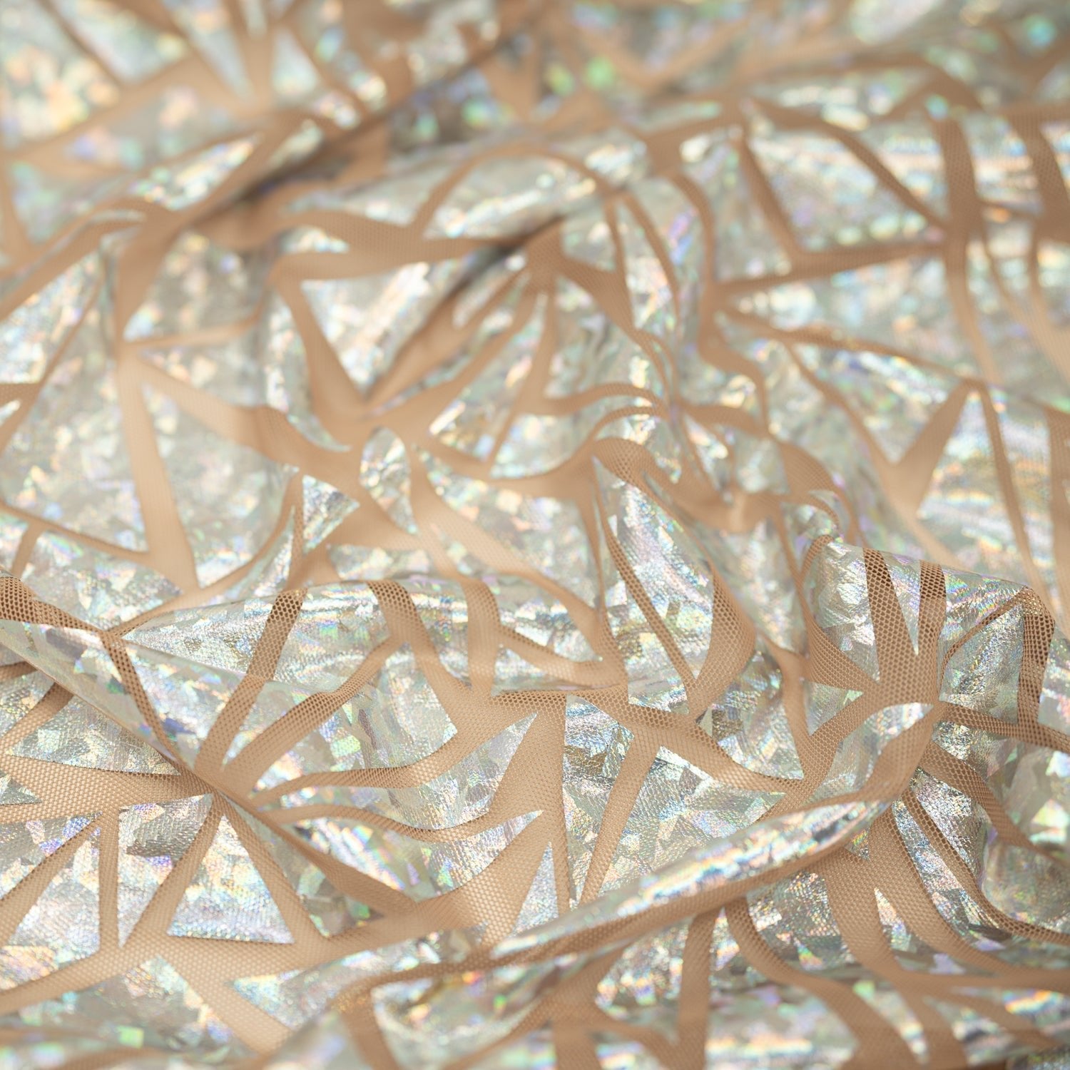 Abstract Triangle Foil Printed Mesh Fabric | Blue Moon Fabrics