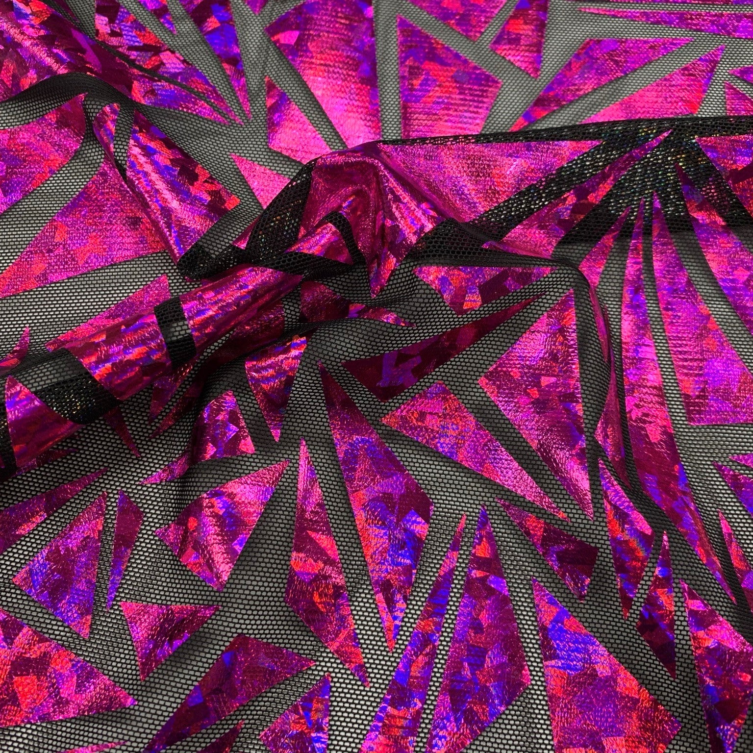 Abstract Triangle Foil Printed Mesh Fabric | Blue Moon Fabrics