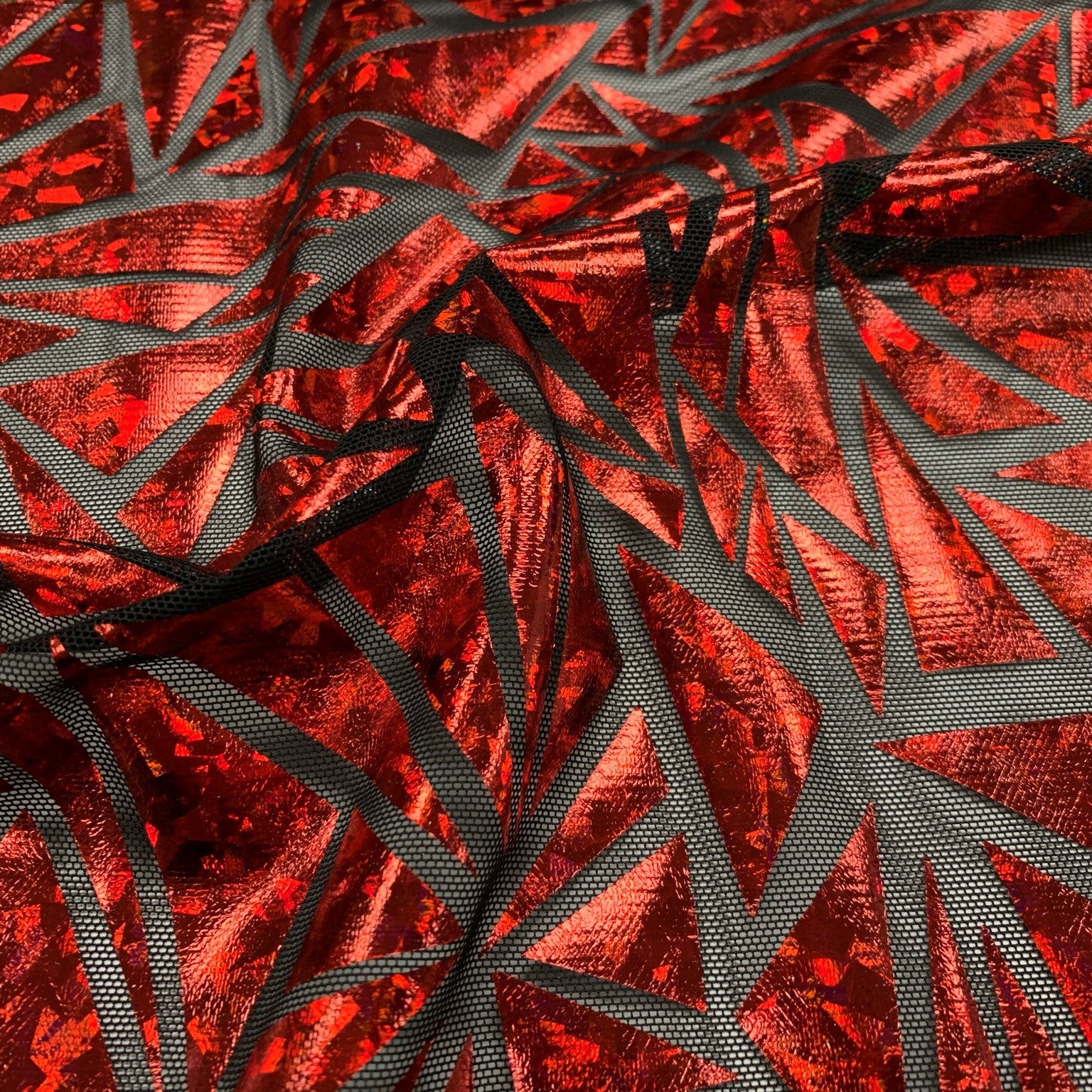 Abstract Triangle Foil Printed Mesh Fabric | Blue Moon Fabrics