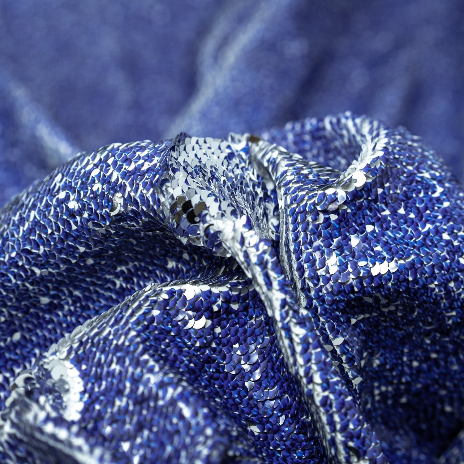 Denim Printed Flip Sequin on Spandex Fabric | Blue Moon Fabrics