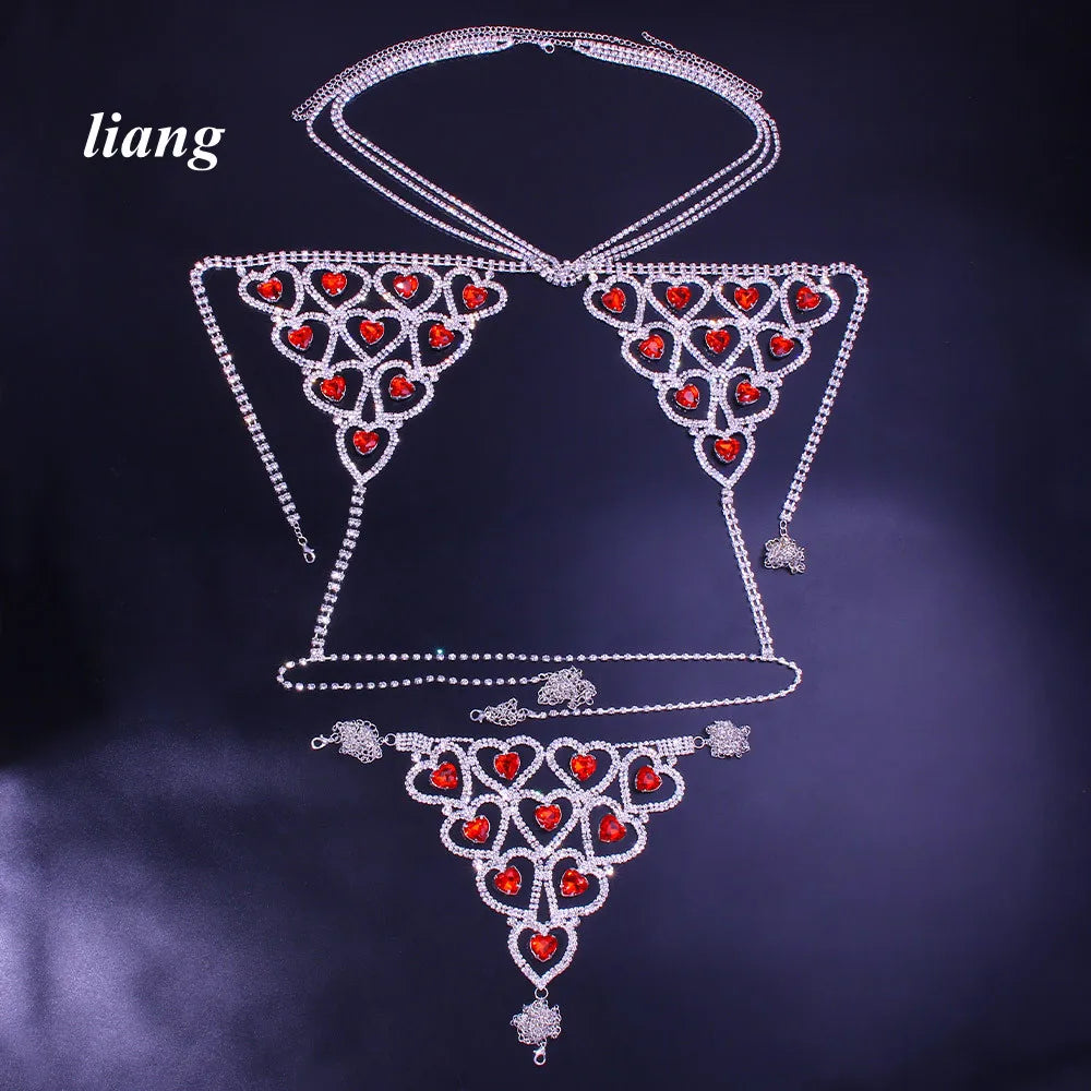 Ruby-Color Heart Bra & Thong Body Jewelry
