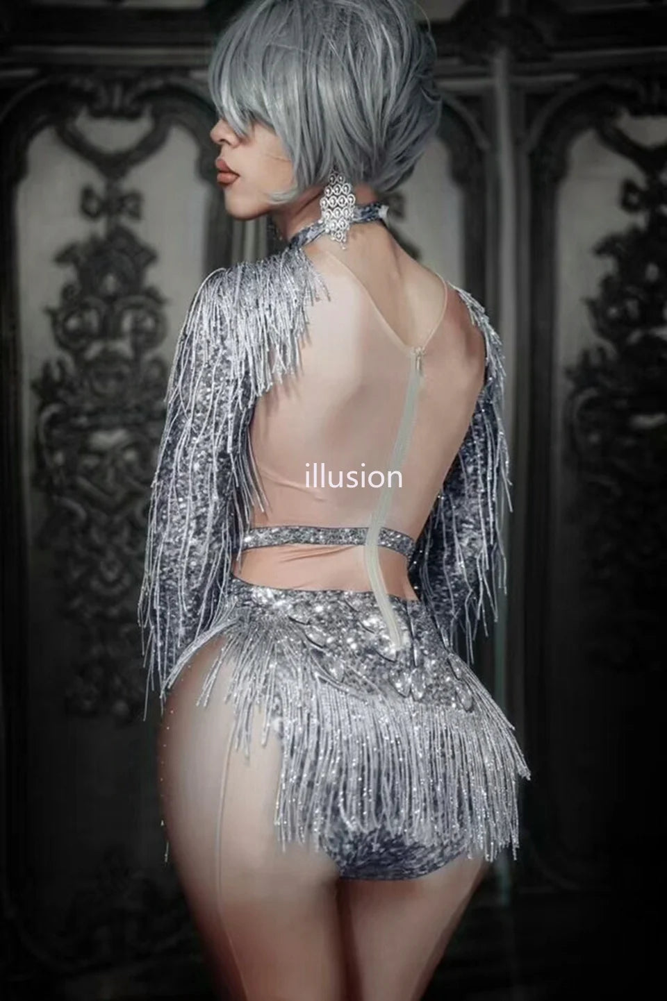 Sparkly Silver Crystal Rhinestone & Fringe Bodysuit Stage Performance Costume
