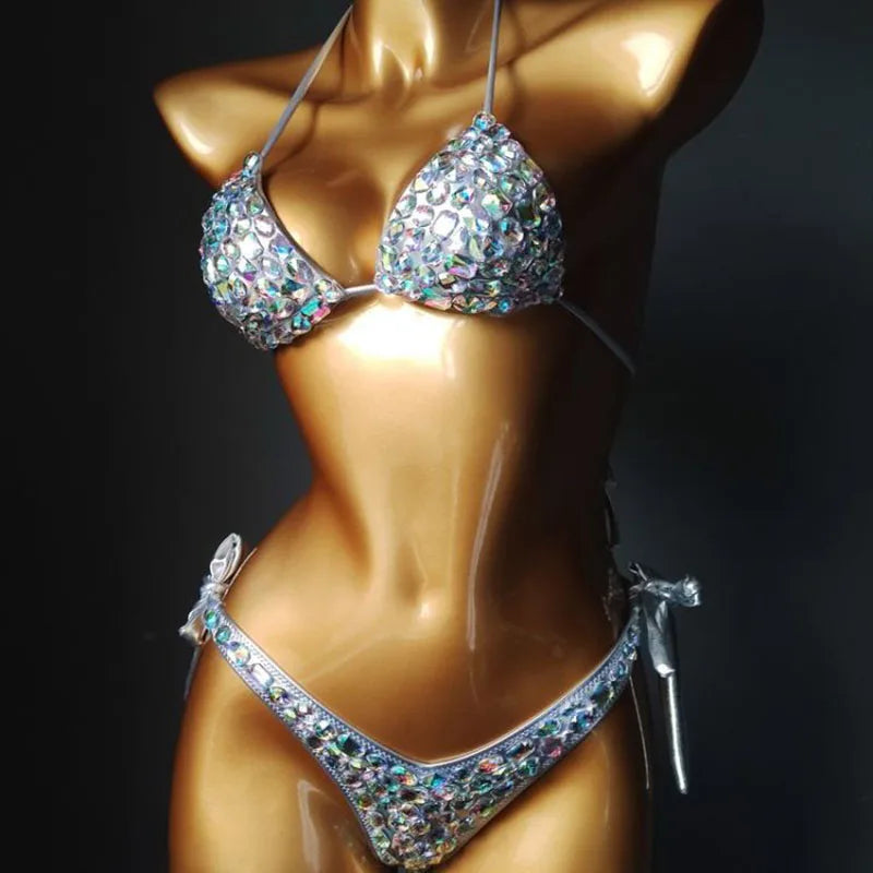 Cut-Out Rhinestone Bandage Bikini Set – Shimmering Crystal Push-Up Swimsuit & Open-Front Bling Bathing Suit for Raves & Festivals