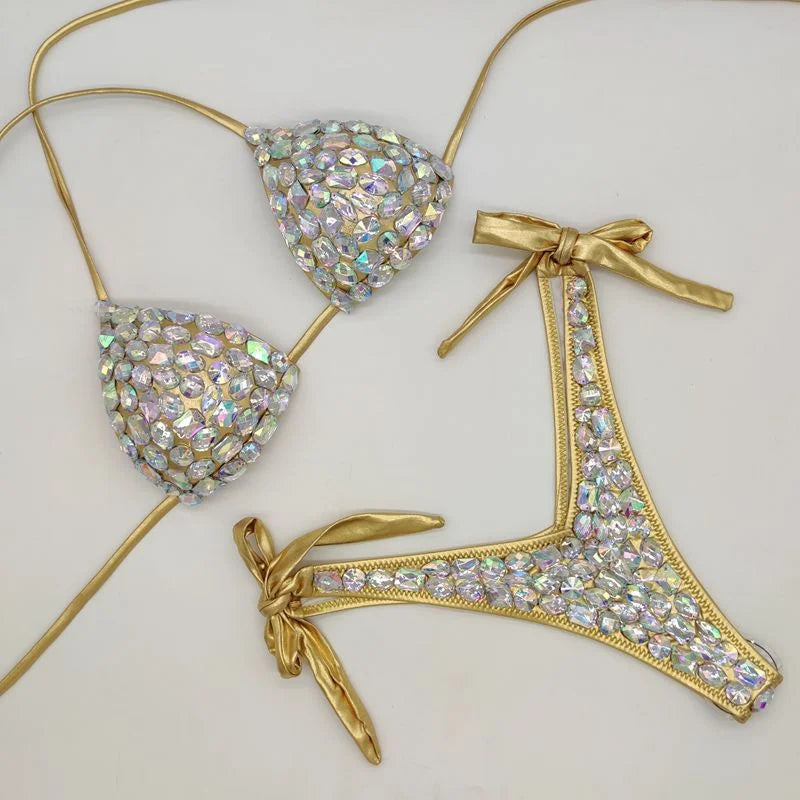 Strappy Rhinestone Bandage Bikini Set – Exotic Crystal Cross-Wrap Swimsuit & Bling Bathing Suit for Luxury Pool Parties