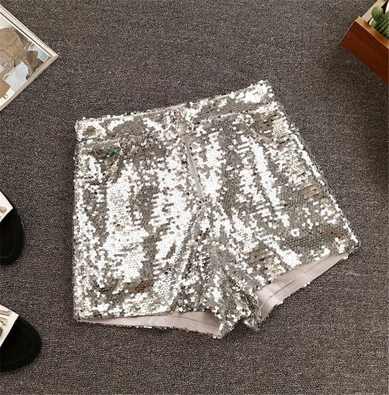 Sparkly Sequin High-Waisted O-Ring Zip Bodycon Shorts Stage Costume