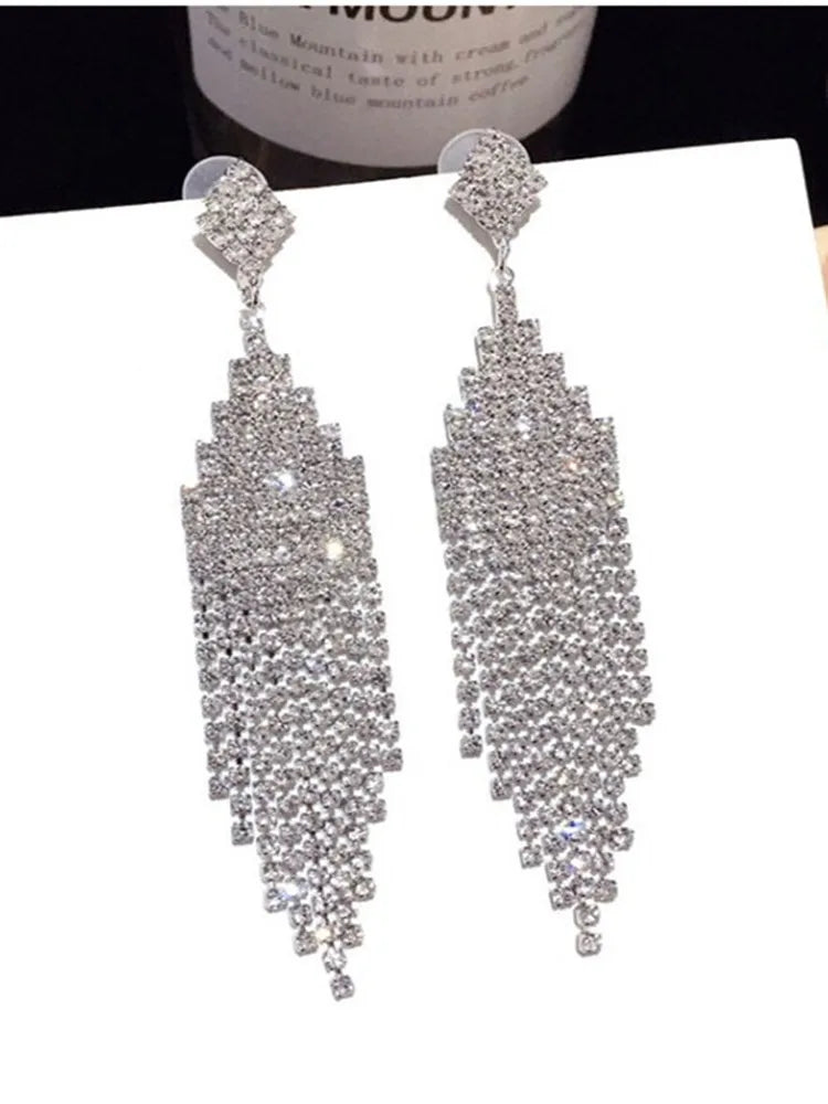 Vintage Crystal Tassel Drop Earrings – Elegant Geometric Multi-Strand Statement Earrings for Weddings, Galas & Evening Wear