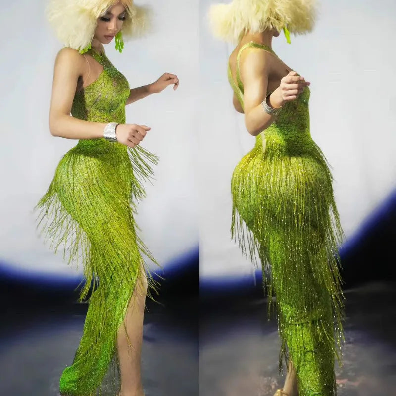 Sparkly Lime Green Rhinestone & Tassel Fringe Bodycon Dress Stage Performance Costume