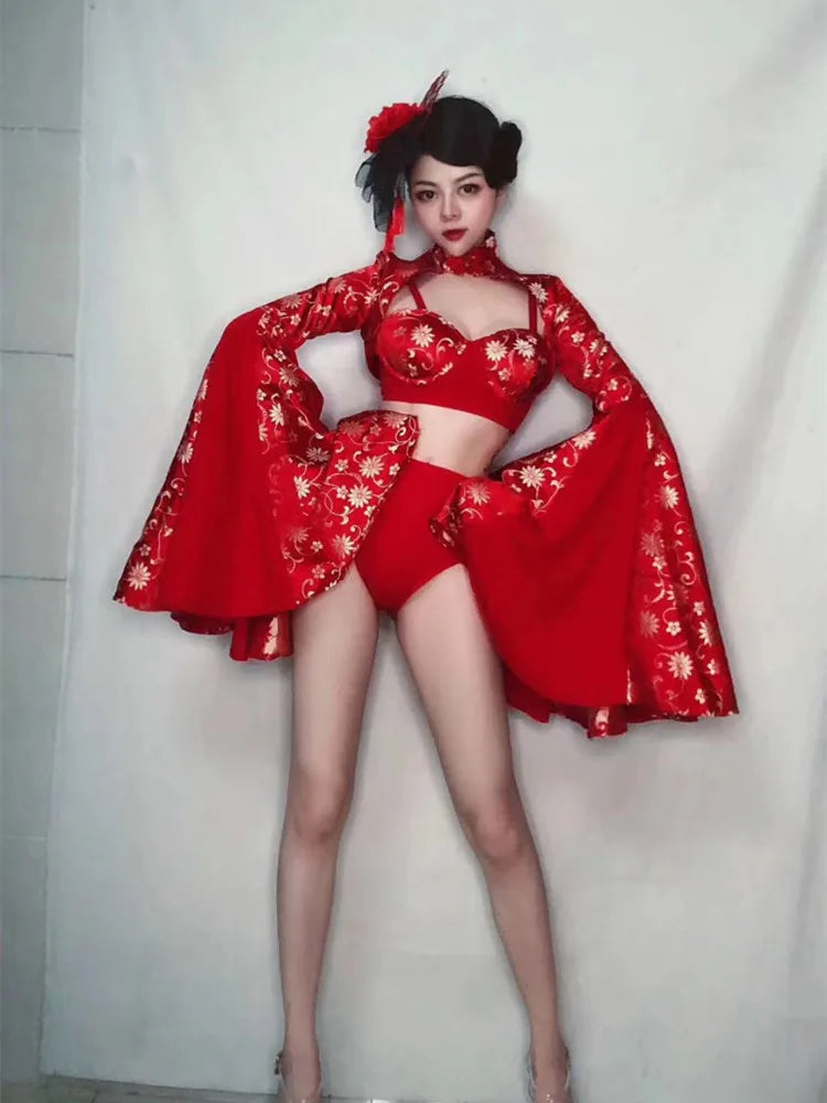 Crimson Red Sculpted Bralette, Dramatic Puff Sleeve Shrug & Briefs 3-Piece Stage Costume Set