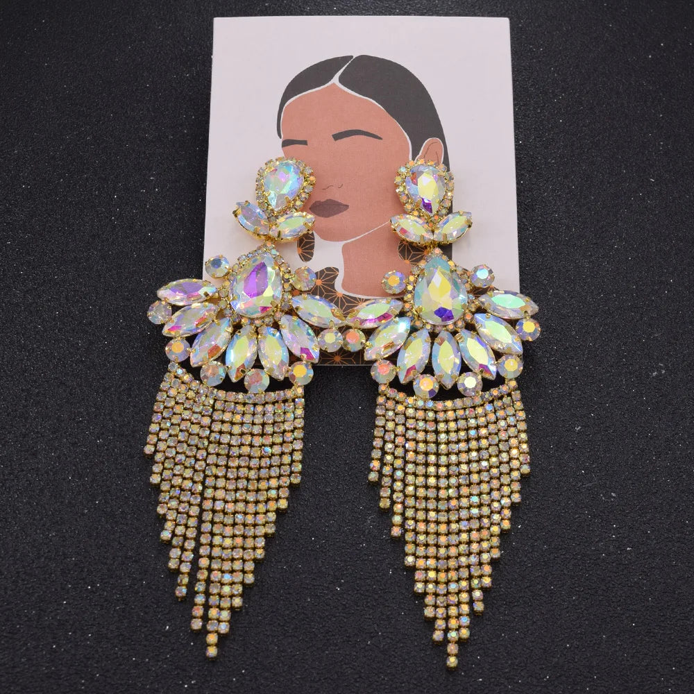 Sparkly Glass Crystal AB Tassel Drop Earrings Stage Performance Jewelry