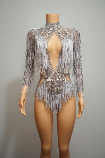 Sparkly Silver Crystal Rhinestone & Fringe Bodysuit Stage Performance Costume