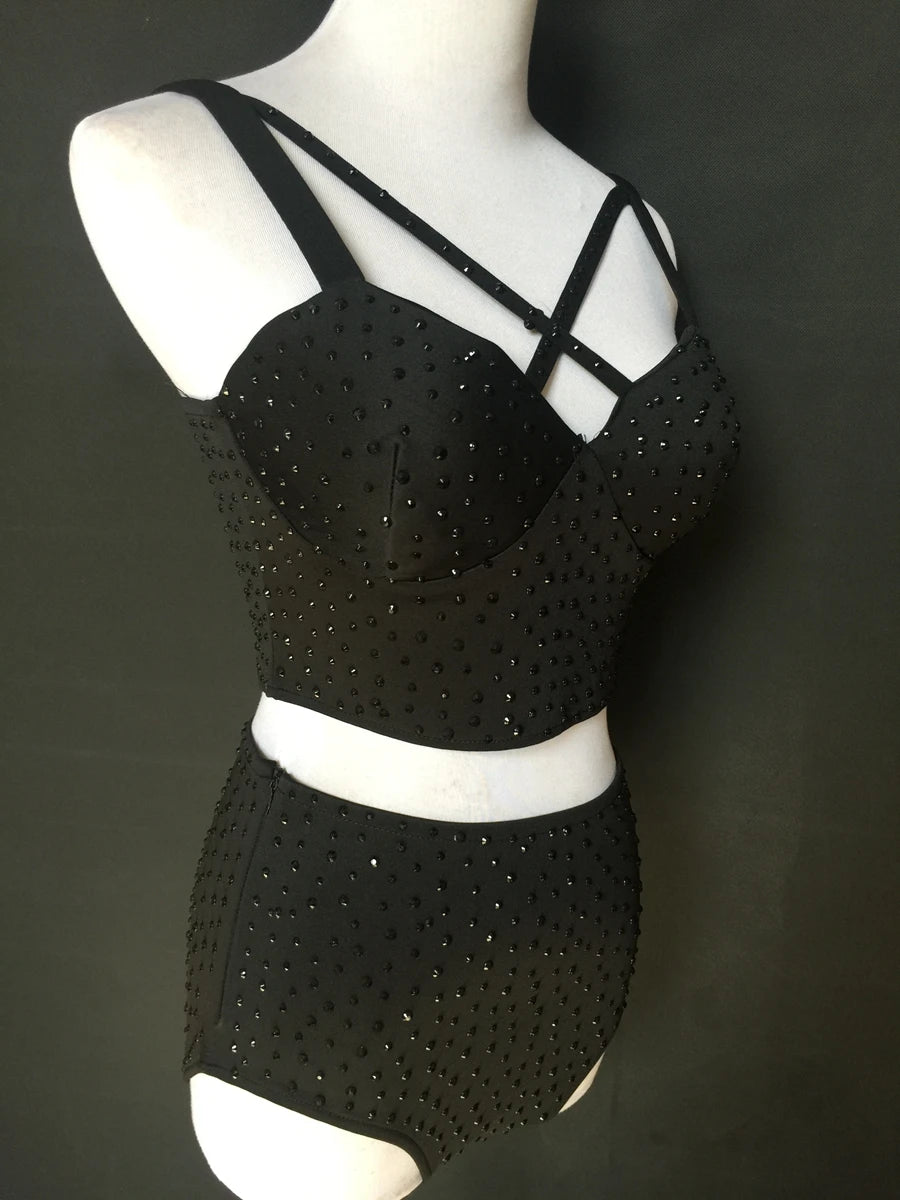 Sparkly Rhinestone Crop Top & High-Waisted Shorts Two-Piece Dance Costume Set