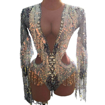 Rhinestone Sequin Fringe Long-Sleeve Bodysuit
