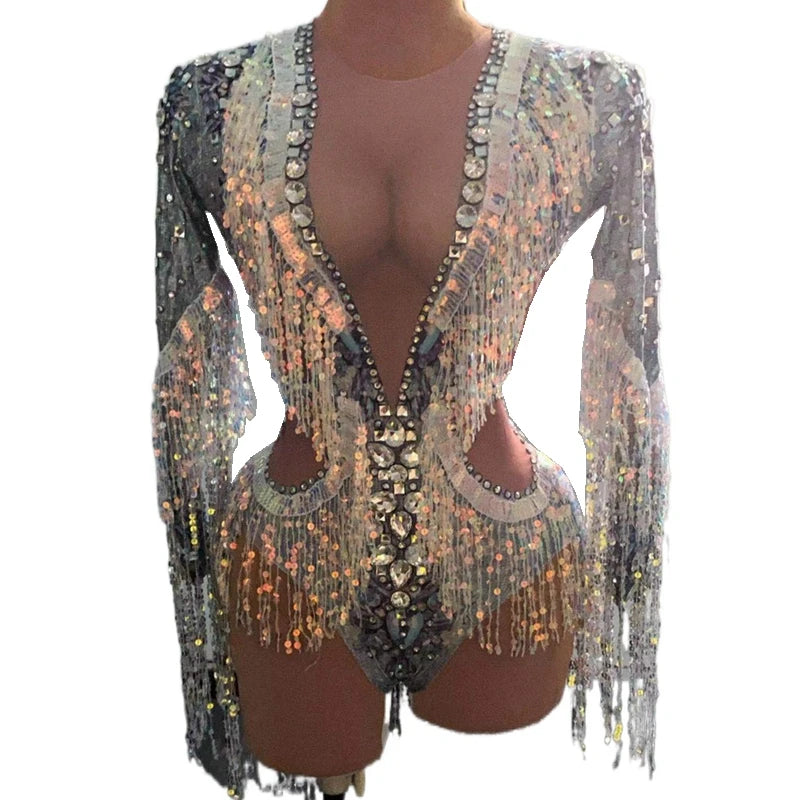 Rhinestone Sequin Fringe Long-Sleeve Bodysuit