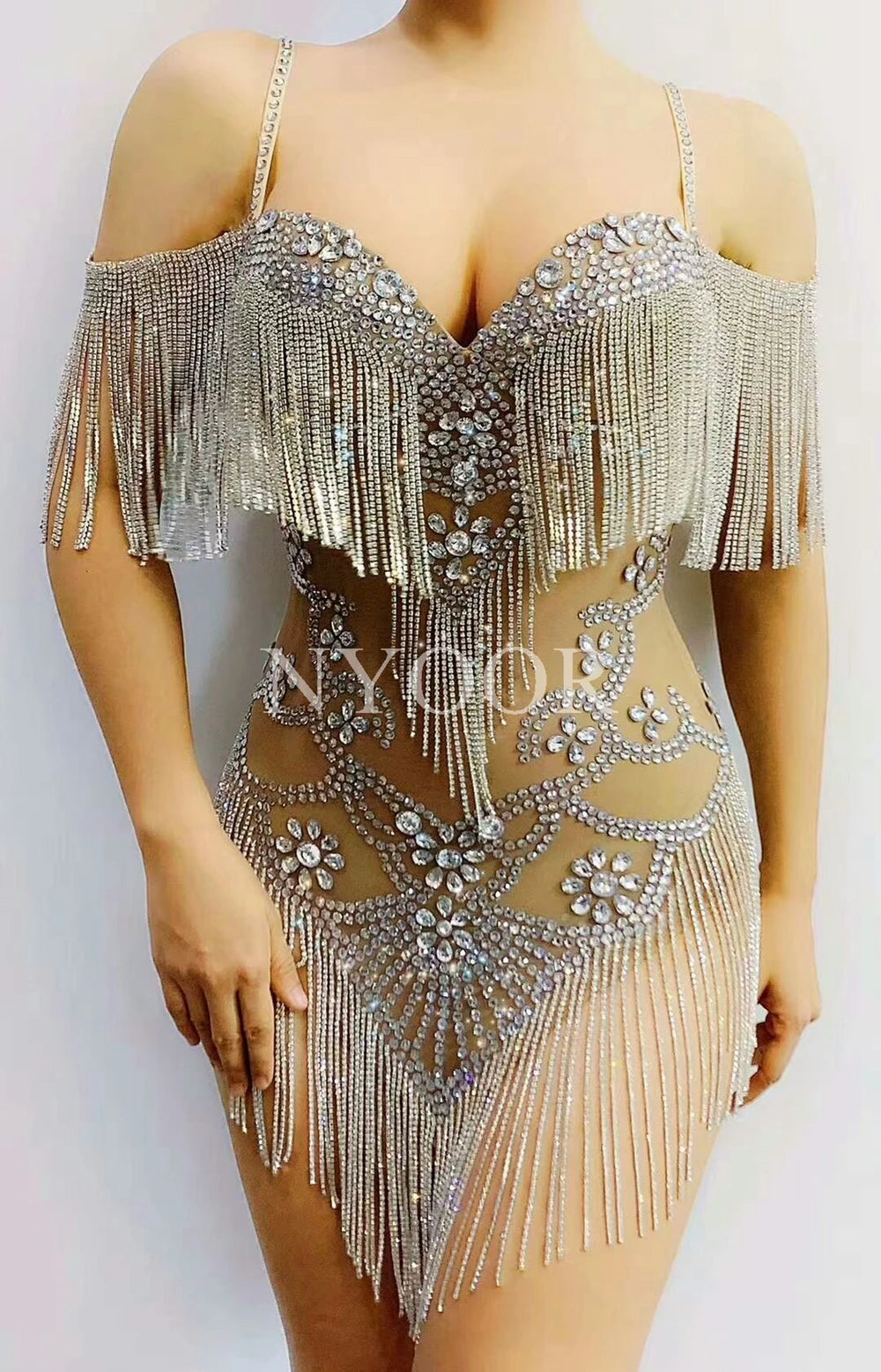 Silver Crystal Fringe Illusion Bodysuit Sparkly Rhinestone Stage Dance Leotard