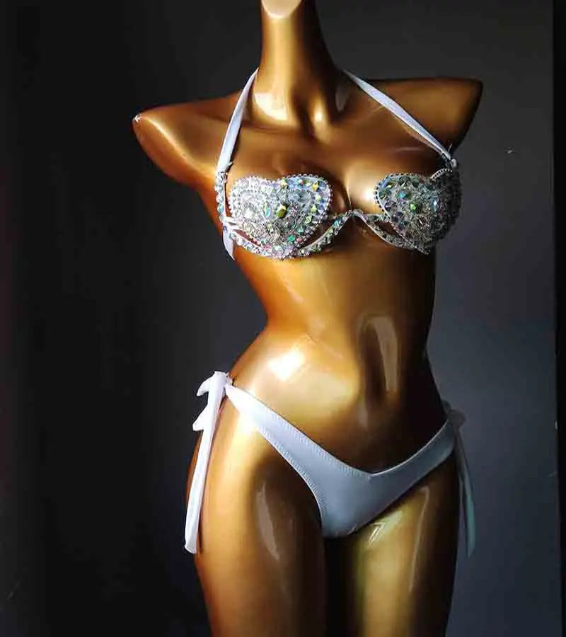 The Venus Vacation Deep-V Bikini – Luxe Rhinestone Embellished Showgirl Swim Set