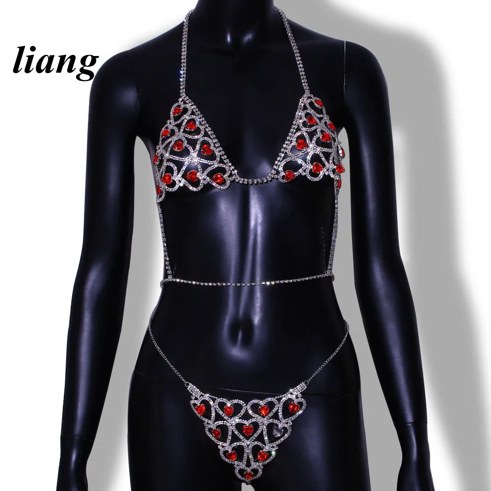 Ruby-Color Heart Bra & Thong Body Jewelry