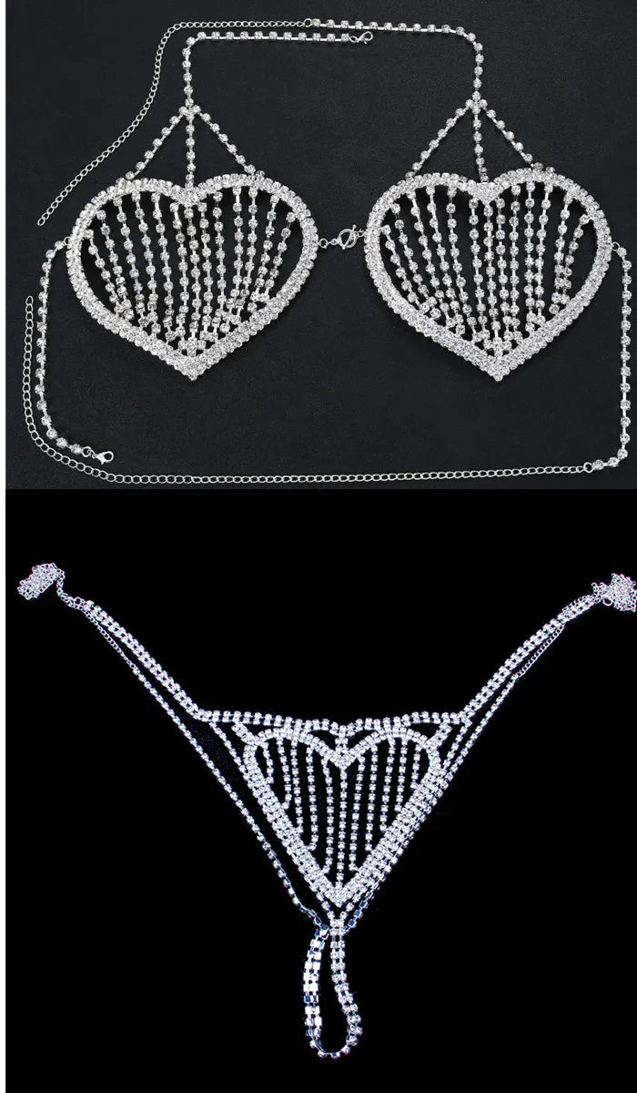 Dazzling Heart Crystal Bra Chain & Thong Bikini Body Jewelry Set