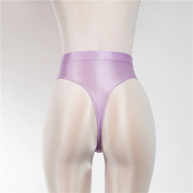 Sexy Shiny High Waist G-string Sheer See Through Sexy Brief Candy Color T-Back Oil Thong UnderWear Satin Glossy Femme Tight