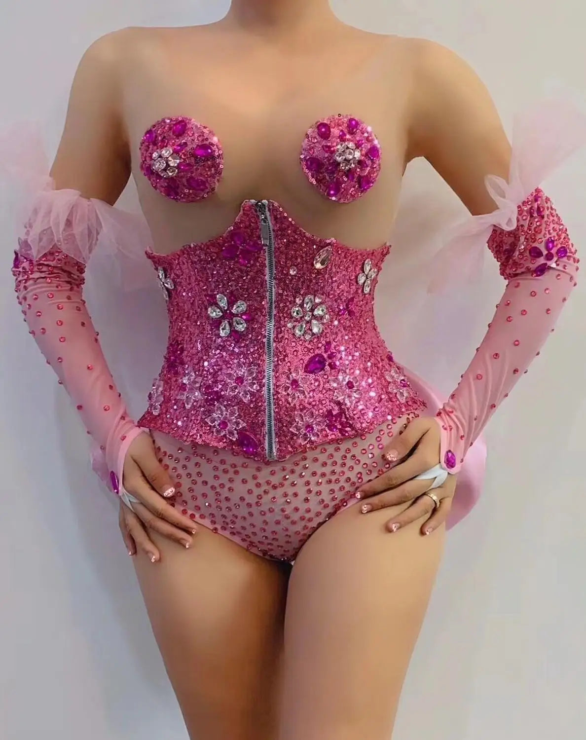 Pink Rhinestone Sequin Bodysuit & Gloves Set