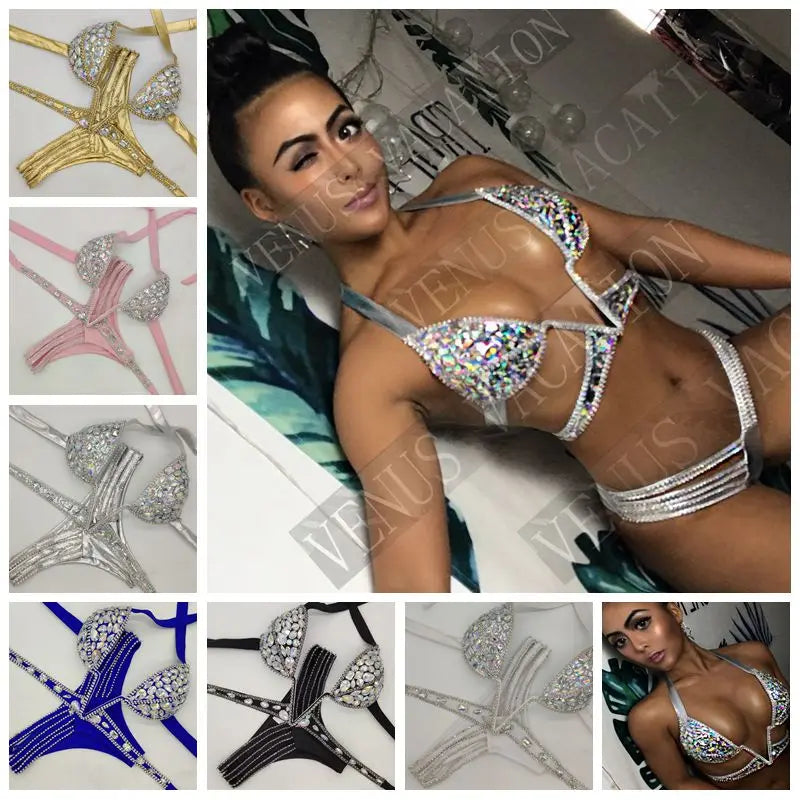 Luxury V-Neck Rhinestone Bikini Set – Shimmering Crystal Push-Up Swimsuit & Bling Bathing Suit for Beach Clubs & Festivals