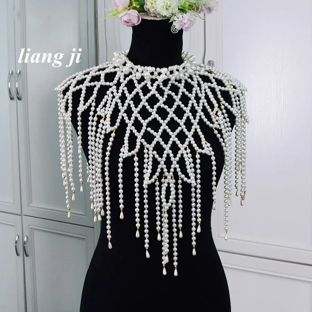 White Simulated Pearl Chest Wrap Chain