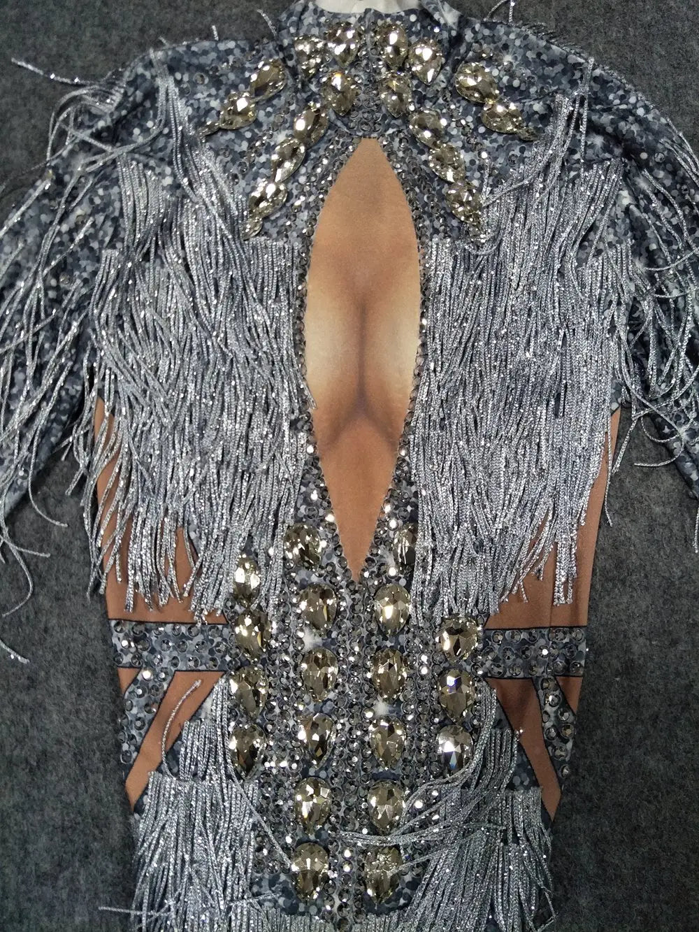 Sparkly Silver Crystal Rhinestone & Fringe Bodysuit Stage Performance Costume