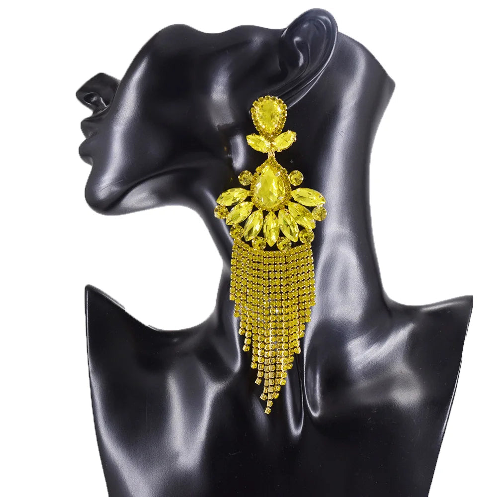 Sparkly Glass Crystal AB Tassel Drop Earrings Stage Performance Jewelry