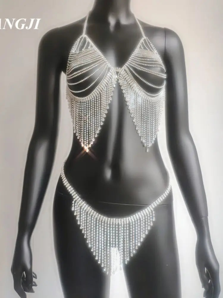 Rhinestone Strap Bra & Thong Body Jewelry