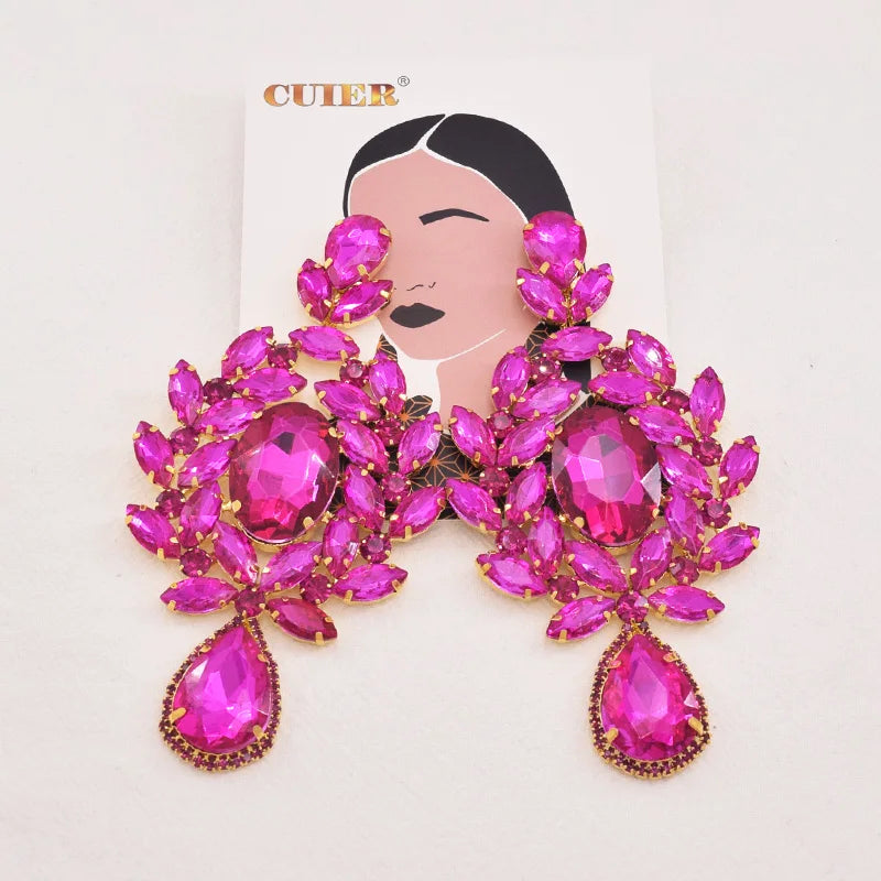 Oversized 4.7" Glass Gemstone Statement Drop Earrings Drag Queen Stage Jewelry