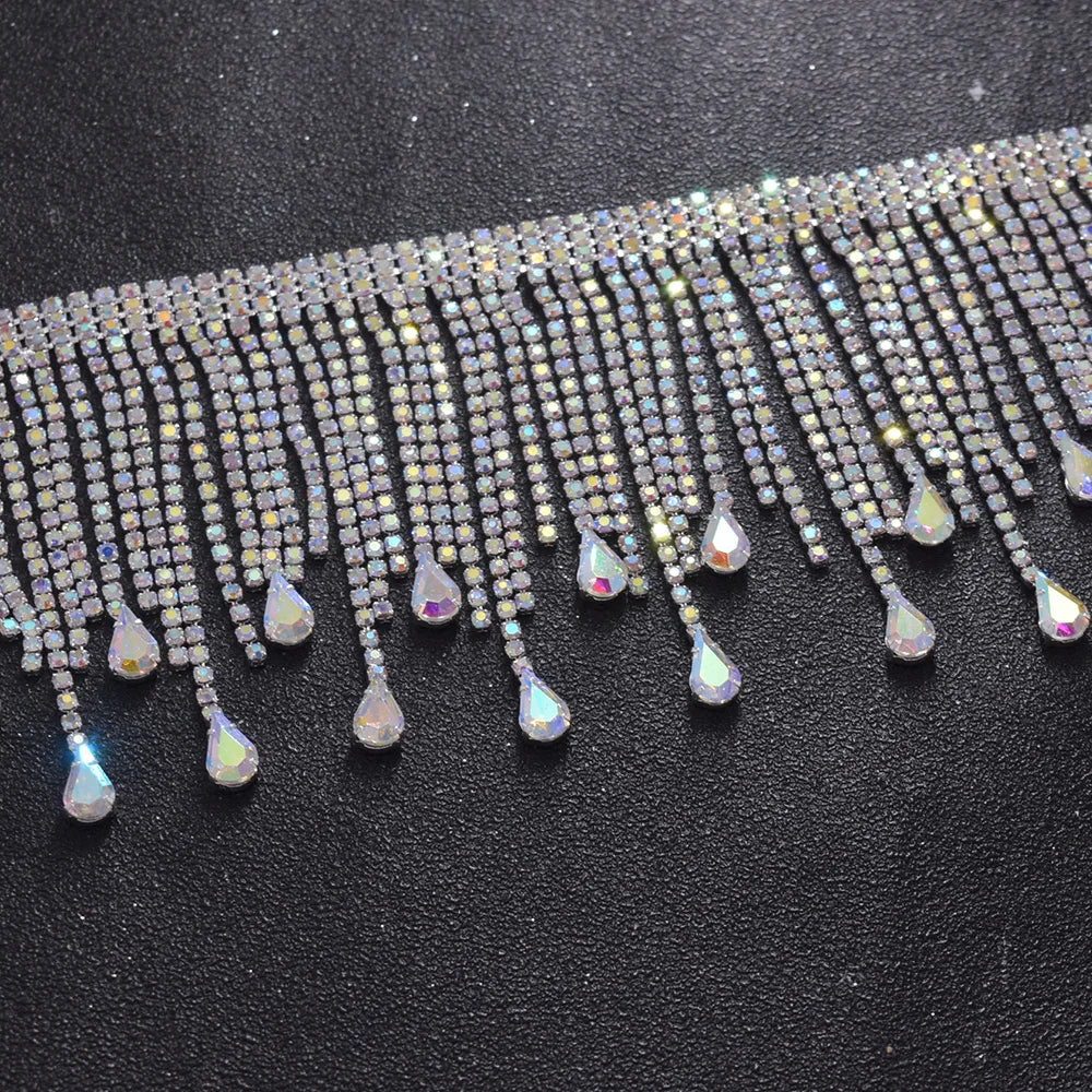 5YDS Crystal AB Rhinestone Fringe Trim 3.1" Tassel Applique Sew-On Stage Costume Border
