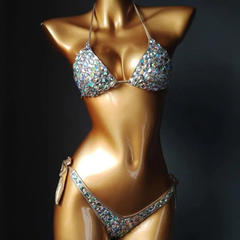 Cut-Out Rhinestone Bandage Bikini Set – Shimmering Crystal Push-Up Swimsuit & Open-Front Bling Bathing Suit for Raves & Festivals