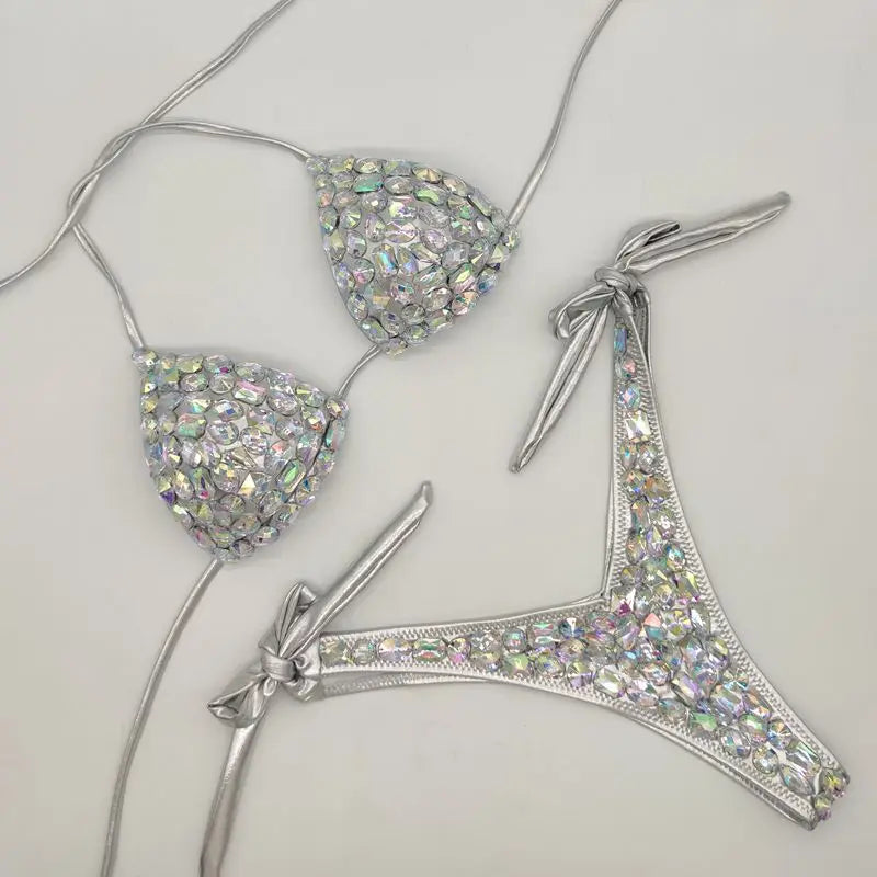 Strappy Rhinestone Bandage Bikini Set – Exotic Crystal Cross-Wrap Swimsuit & Bling Bathing Suit for Luxury Pool Parties