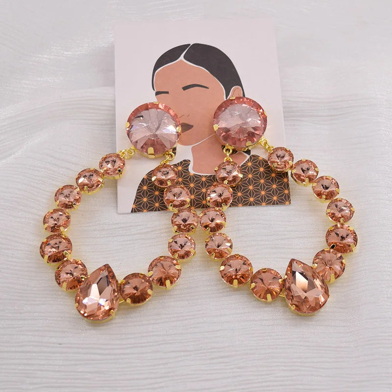 Sparkly Glass Crystal Oval Statement Drop Earrings Drag Queen Stage Jewelry