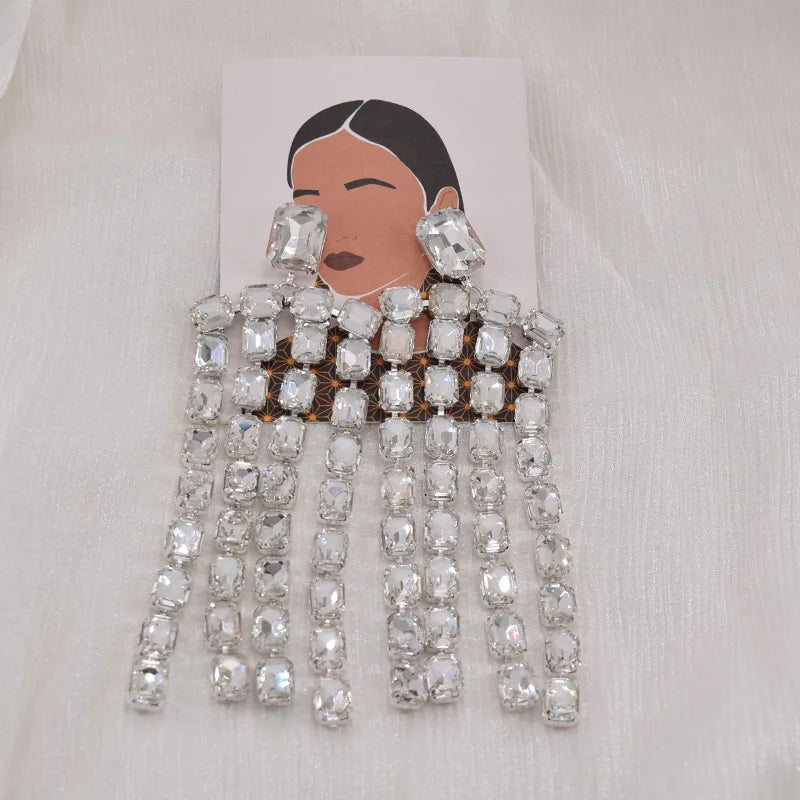 Sparkly 5.2" Glass Crystal Dangle Earrings Drag Queen Stage Jewelry