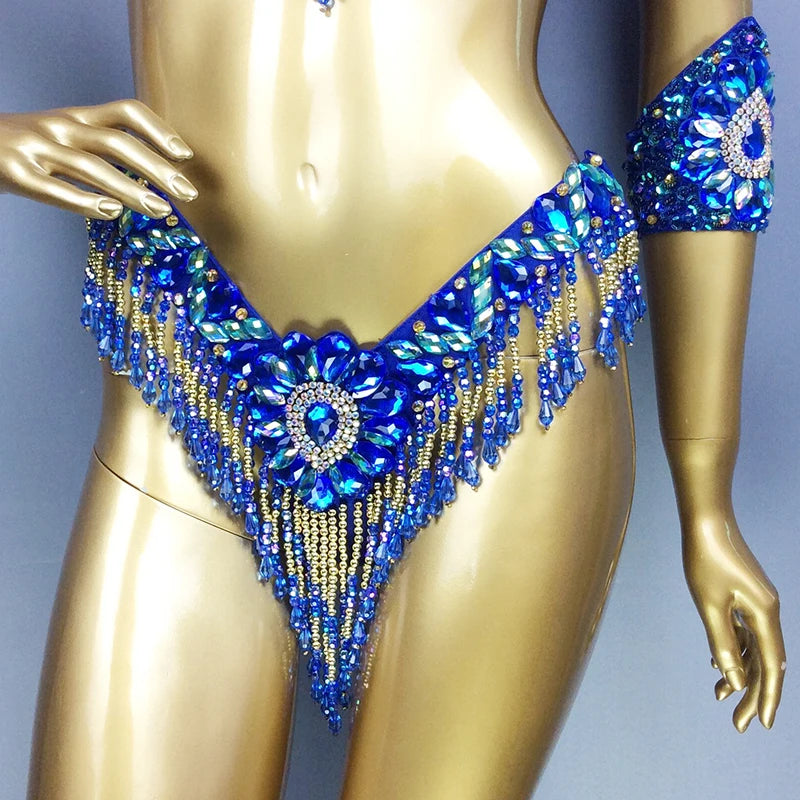 Handmade Beaded Samba Carnival Bra, Thong & Jewelry 5-Piece Stage Costume Set