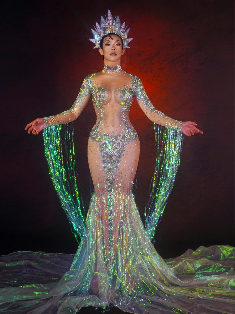 Emerald Green Rhinestone Sequin Mermaid Gown & Crown Stage Performance Costume Set