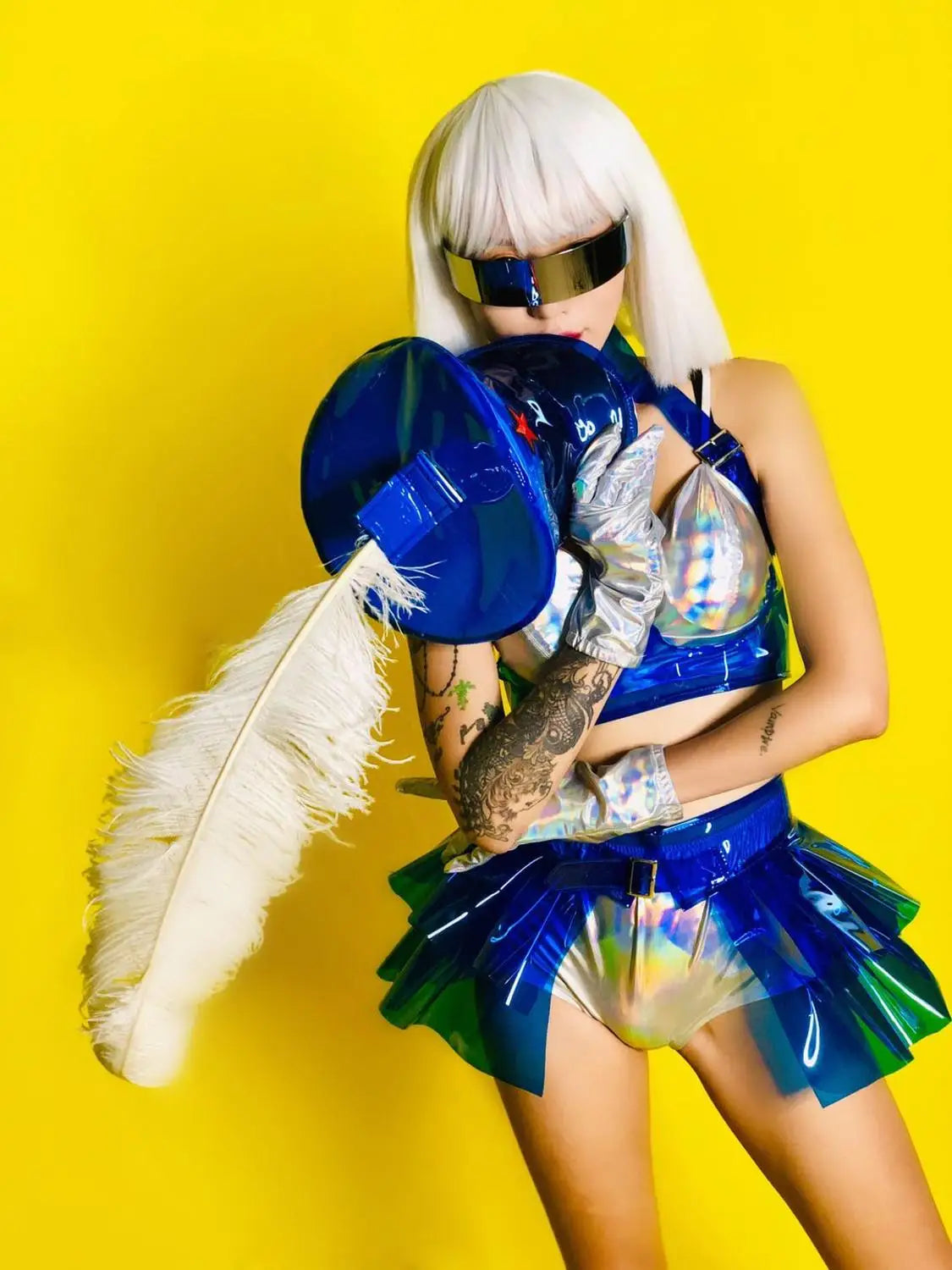 Holographic Silver Laser Bikini, Ruffle Skirt & Captain Hat 3-Piece Stage Costume Set