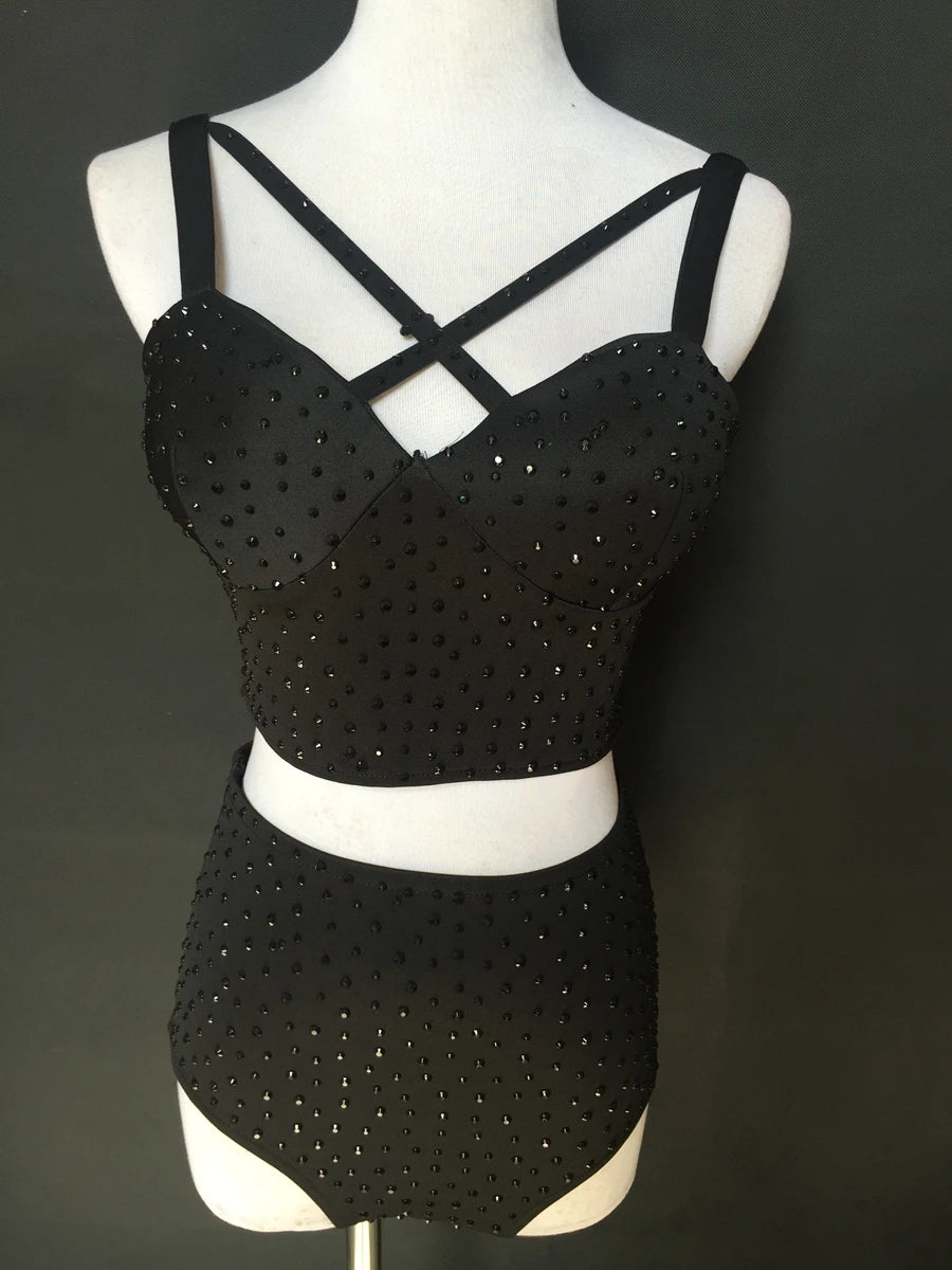 Sparkly Rhinestone Crop Top & High-Waisted Shorts Two-Piece Dance Costume Set