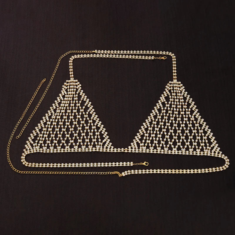 Luxury Rhinestone Grid Body Chain Set – Shimmering Crystal Mesh Bra & Thong Harness Set for Raves, Festivals & Exotic Clubwear