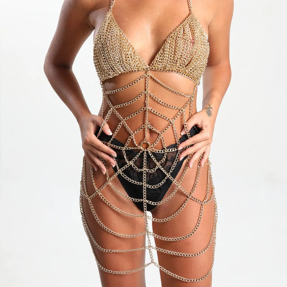 Dazzling Spider Web Crystal Bra Chain & Skirt Bikini Body Jewelry Set