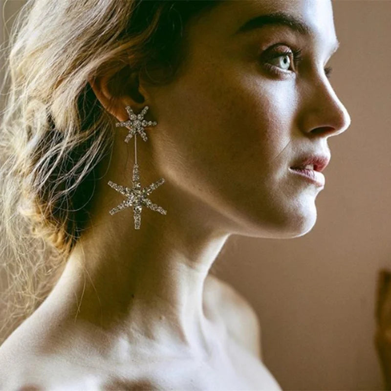 Rhinestone Star Dangle Earrings for Women – Clear Crystal Star Drop Earrings in Gold & Silver