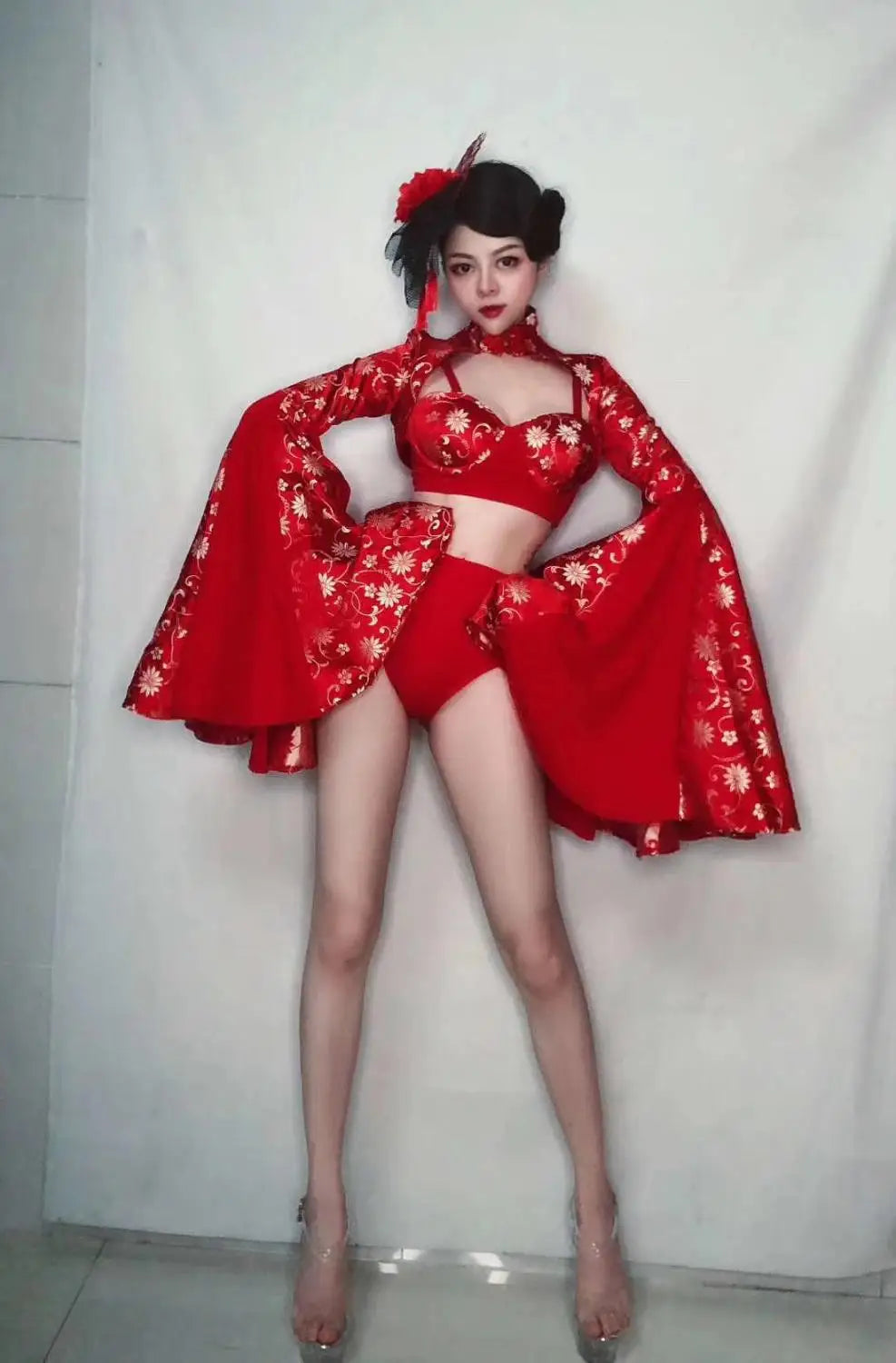 Crimson Red Sculpted Bralette, Dramatic Puff Sleeve Shrug & Briefs 3-Piece Stage Costume Set