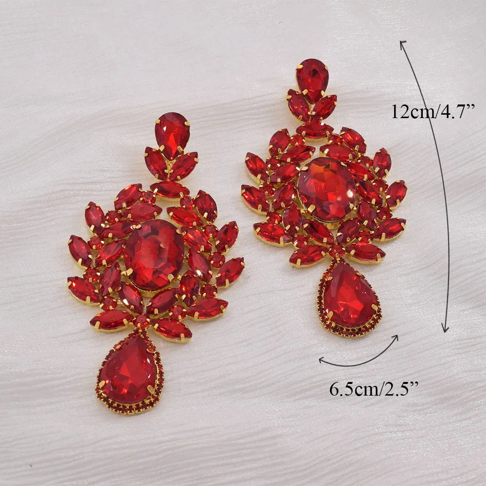 Oversized 4.7" Glass Gemstone Statement Drop Earrings Drag Queen Stage Jewelry