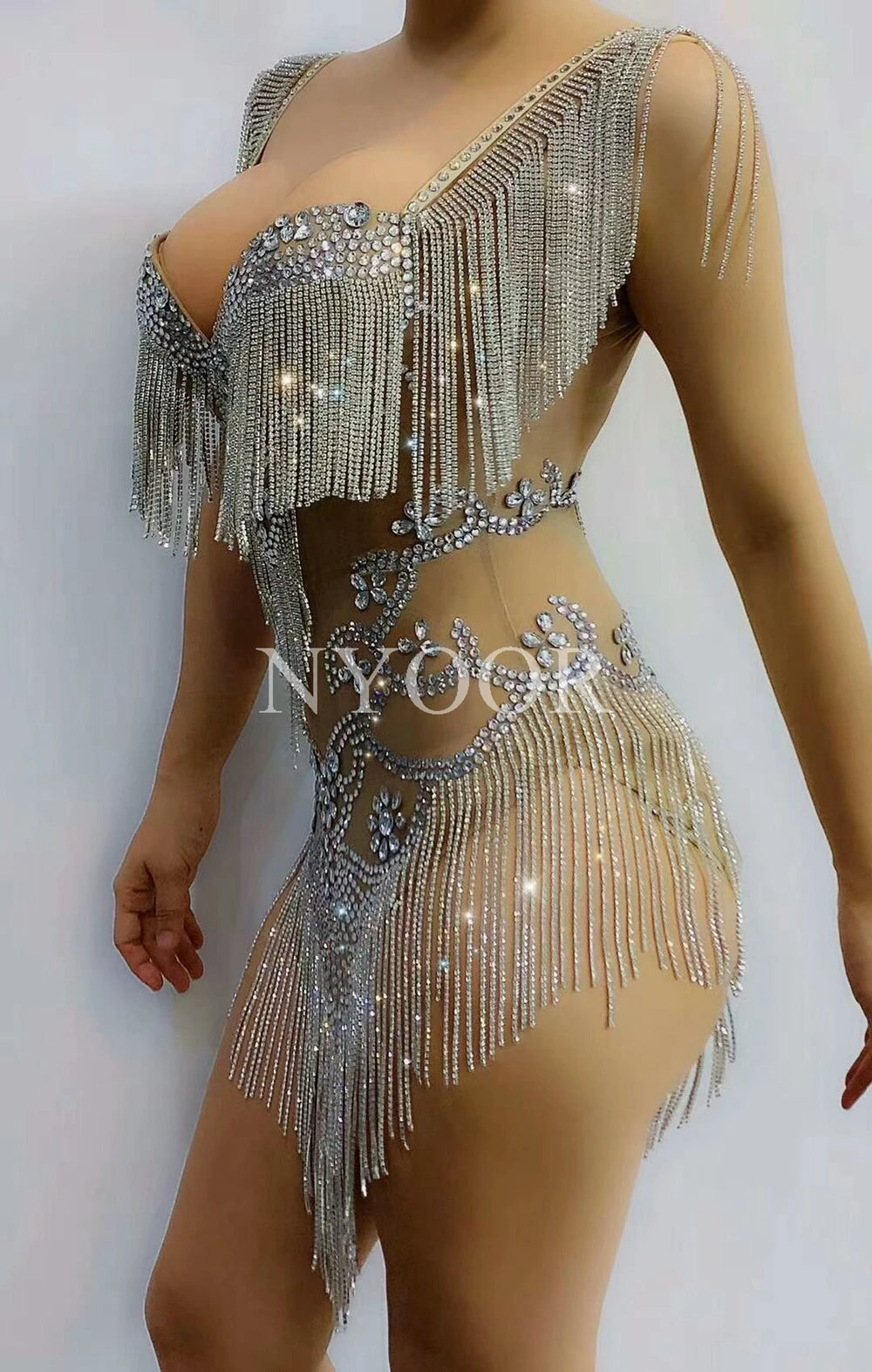 Silver Crystal Fringe Illusion Bodysuit Sparkly Rhinestone Stage Dance Leotard