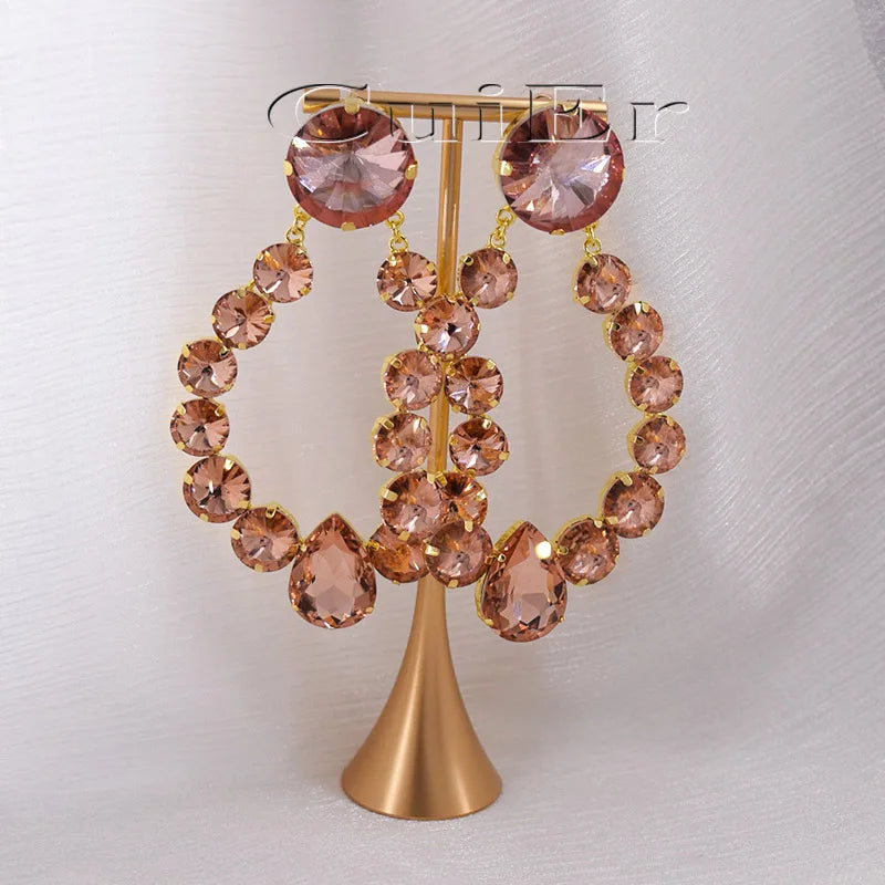 Sparkly Glass Crystal Oval Statement Drop Earrings Drag Queen Stage Jewelry